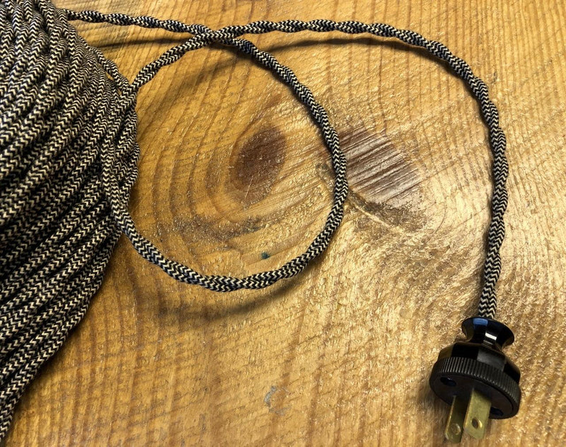 Cotton Cloth Covered Twisted 2-strand Electrical Wire - Black & Tan Pattern - PER FOOT - Craftsman Supply
