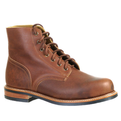 Boulet Boots | Craftsman Supply Co. (Image of one brown leather high top boot with brown laces)
