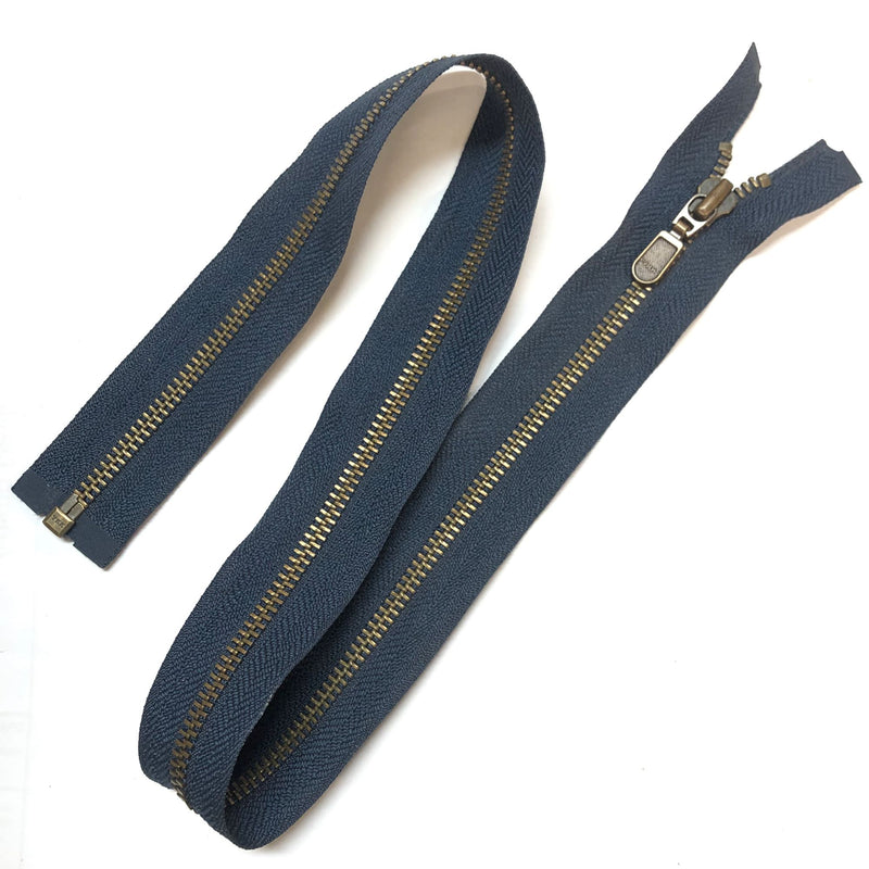 YKK 25" One-way Separating Brass Zipper with Navy Blue Backing