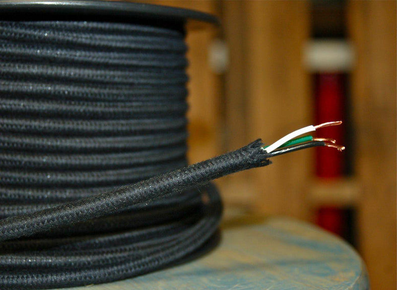 Cotton Cloth Covered Round 3-strand Electrical Wire - Black - PER FOOT - Craftsman Supply