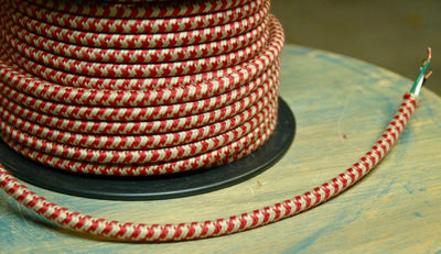 Cotton Cloth Covered Round 3-strand Electrical Wire - Red & Tan Houndstooth - PER FOOT - Craftsman Supply